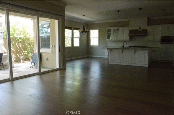Empty room, Interior, Kitchen, Pendant Lights, Recessed Lighting, Wood Texture Flooring