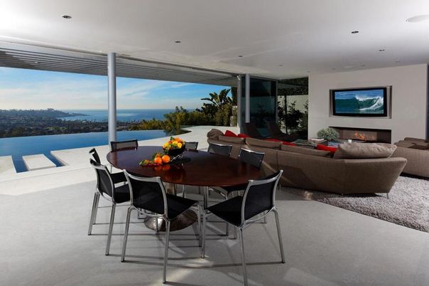 Dining room, Fireplace, Interior, Living room, Recessed Lighting, Water