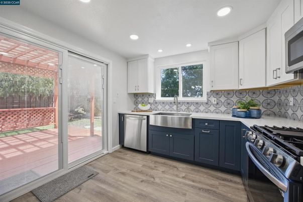Interior, Kitchen, Recessed Lighting, Stainless Steel Appliances, Wood Texture Flooring