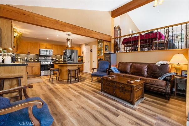 Interior, Kitchen, Pendant Lights, Recessed Lighting, Stainless Steel Appliances, Wooden Beams, Wood Texture Flooring