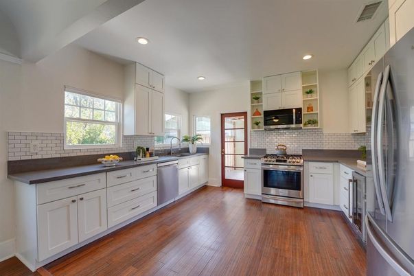 Interior, Kitchen, Recessed Lighting, Stainless Steel Appliances, Wood Texture Flooring