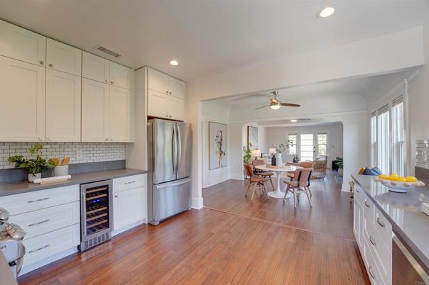 Dining room, Interior, Kitchen, Recessed Lighting, Stainless Steel Appliances, Wood Texture Flooring
