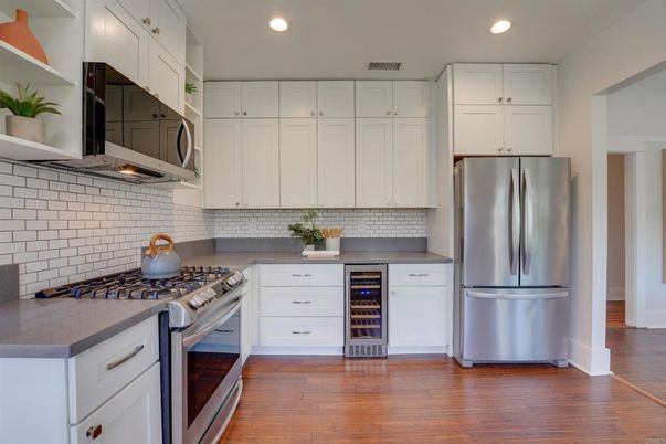 Interior, Kitchen, Recessed Lighting, Stainless Steel Appliances, Wood Texture Flooring