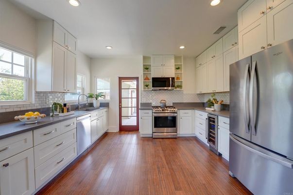 Interior, Kitchen, Recessed Lighting, Stainless Steel Appliances, Wood Texture Flooring