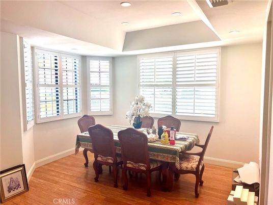 Dining room, Interior, Recessed Lighting, Wood Texture Flooring