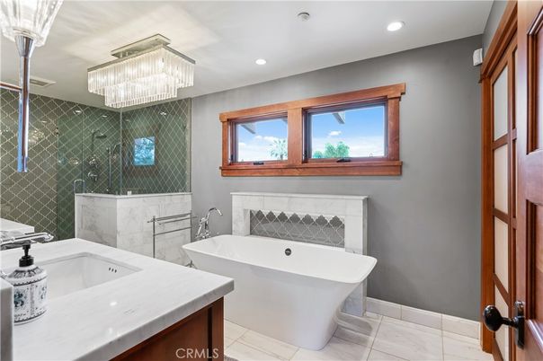 Bathroom, Chandelier, Free Standing Baths, Glass Shower, Interior, Recessed Lighting