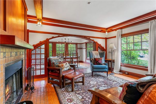 Dining room, Fireplace, Interior, Living room, Pendant Lights, Wood Texture Flooring