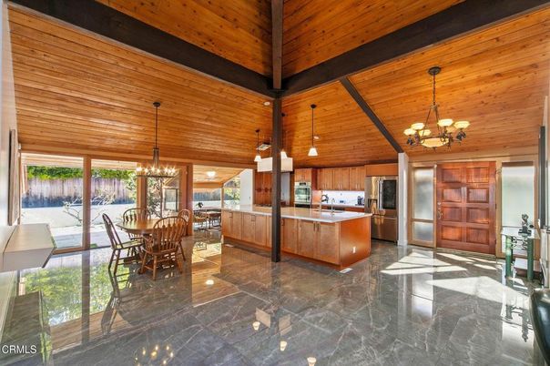 Chandelier, Dining room, Interior, Kitchen, Pendant Lights, Stainless Steel Appliances, Wooden Ceilings, Wooden Walls