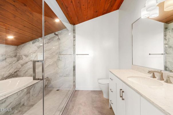 Bathroom, Glass Shower, Interior, Marble Walls, Recessed Lighting, Wooden Ceilings