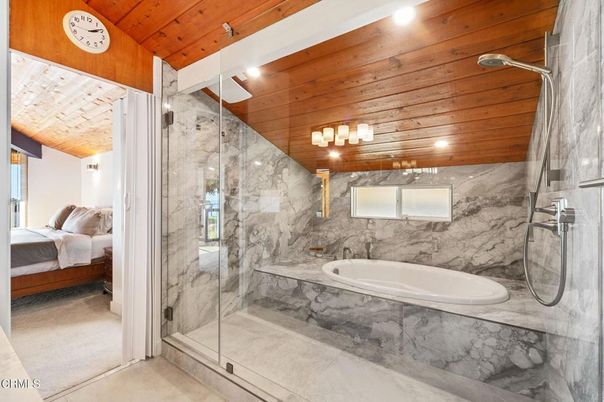 Bathroom, Bedroom, Glass Shower, Interior, Marble Walls, Recessed Lighting, Wooden Ceilings