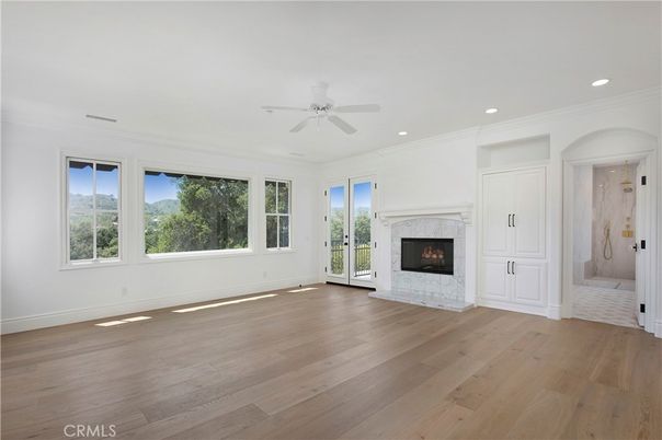Empty room, Fireplace, Interior, Recessed Lighting, Wood Texture Flooring