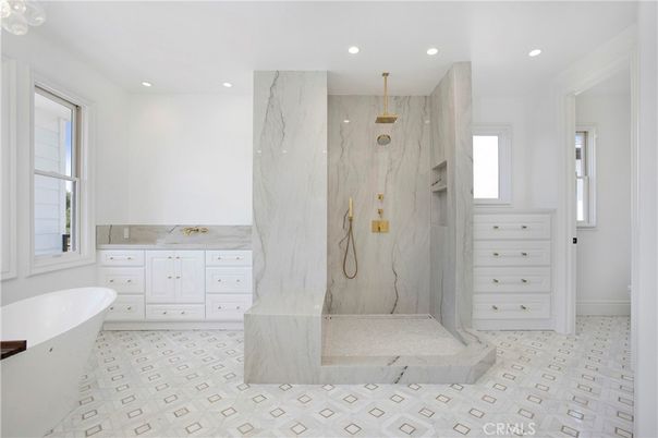 Bathroom, Free Standing Baths, Interior, Marble Walls, Recessed Lighting