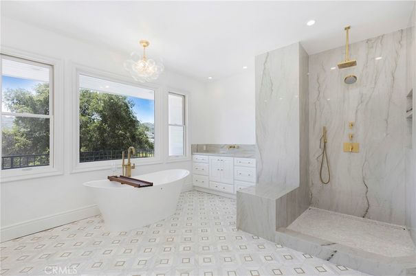 Bathroom, Free Standing Baths, Interior, Marble Walls, Recessed Lighting