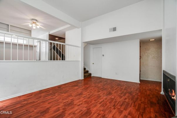 Empty room, Fireplace, Interior, Recessed Lighting, Wood Texture Flooring