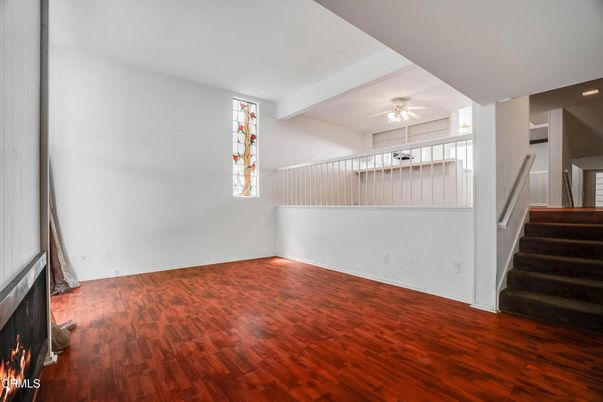 Empty room, Fireplace, Interior, Recessed Lighting, Wood Texture Flooring