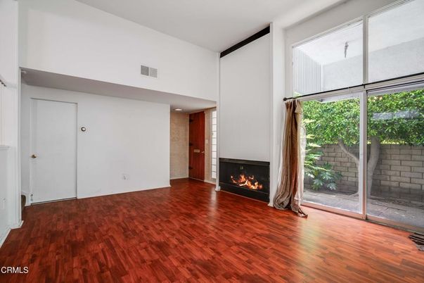 Empty room, Fireplace, Interior, Recessed Lighting, Wood Texture Flooring