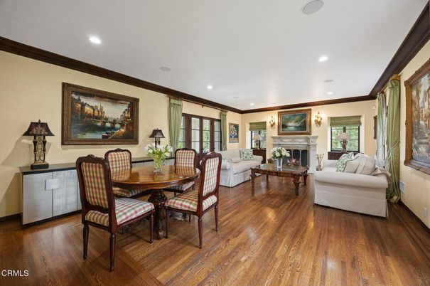 Dining room, Fireplace, Interior, Living room, Recessed Lighting, Wood Texture Flooring
