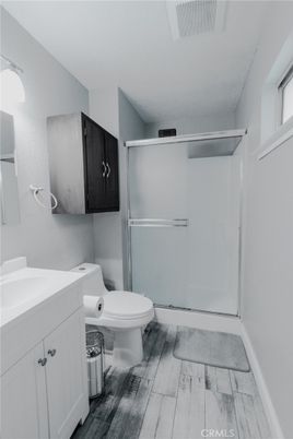 Bathroom, Glass Shower, Interior, Wood Texture Flooring