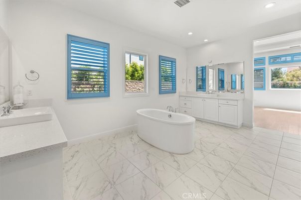 Bathroom, Dual Sink Vanities, Free Standing Baths, Interior, Marble, Recessed Lighting