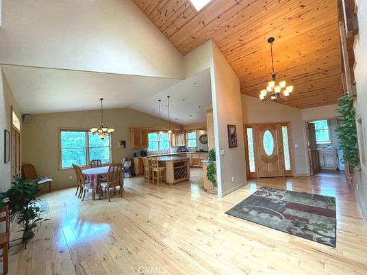 Chandelier, Dining room, Interior, Kitchen, Pendant Lights, Wooden Ceilings, Wood Texture Flooring