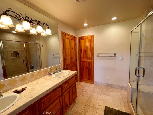 Bathroom, Dual Sink Vanities, Glass Shower, Interior, Recessed Lighting, Tile Countertops