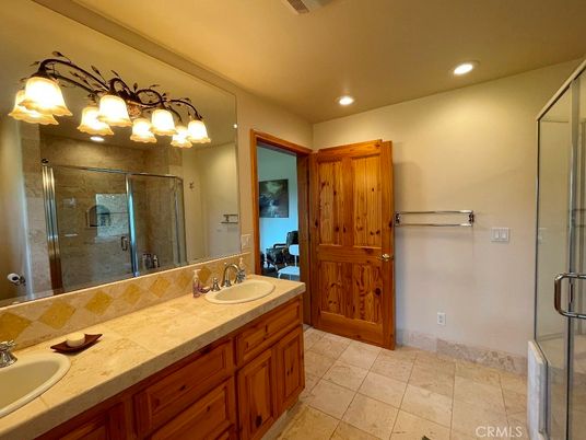 Bathroom, Dual Sink Vanities, Glass Shower, Interior, Recessed Lighting, Tile Countertops
