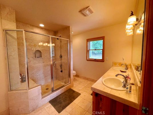 Bathroom, Dual Sink Vanities, Glass Shower, Interior, Recessed Lighting, Tile Countertops