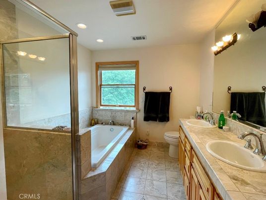 Bathroom, Dual Sink Vanities, Glass Shower, Interior, Recessed Lighting, Tile Countertops