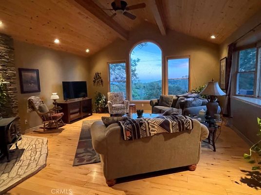 Fireplace, Interior, Living room, Recessed Lighting, Stone Walls, Wooden Beams, Wooden Ceilings, Wood Texture Flooring