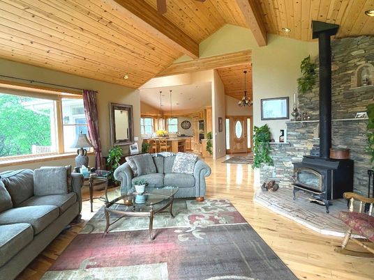 Fireplace, Interior, Kitchen, Living room, Pendant Lights, Recessed Lighting, Stone Walls, Wooden Beams, Wooden Ceilings, Wood Texture Flooring