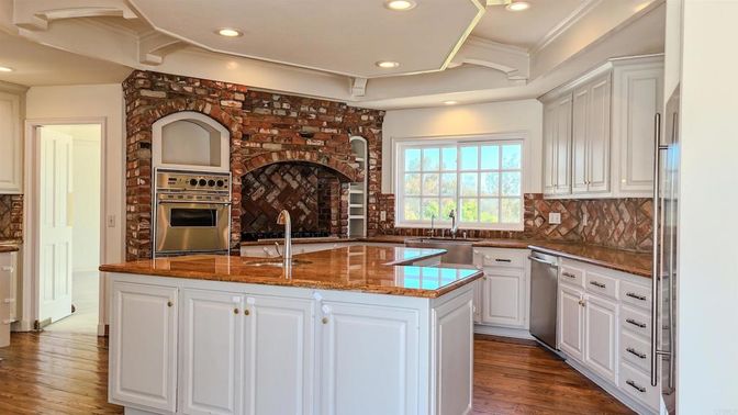 Interior, Kitchen, Recessed Lighting, Stainless Steel Appliances, Stone Walls, Wood Texture Flooring