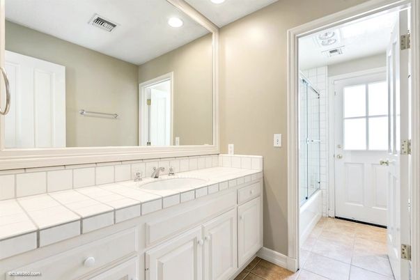 Bathroom, Glass Shower, Interior, Recessed Lighting, Tile Countertops