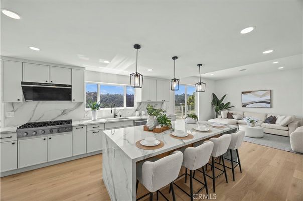 Interior, Kitchen, Living room, Pendant Lights, Recessed Lighting, Stainless Steel Appliances, Wood Texture Flooring