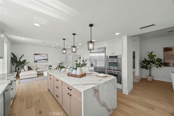 Interior, Kitchen, Living room, Pendant Lights, Recessed Lighting, Stainless Steel Appliances, Wood Texture Flooring
