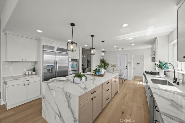 Interior, Kitchen, Pendant Lights, Recessed Lighting, Stainless Steel Appliances, Wood Texture Flooring