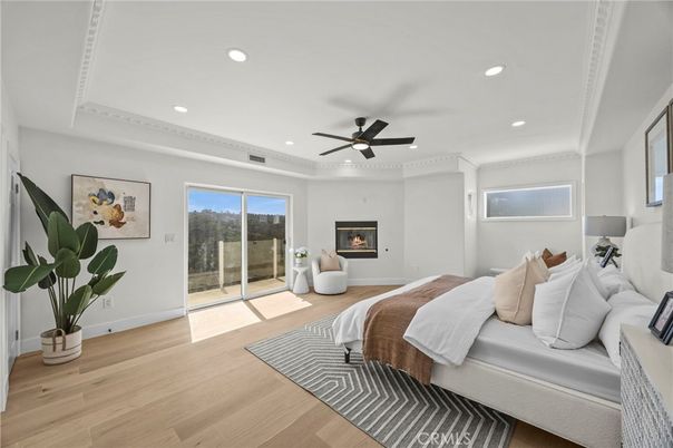 Bedroom, Fireplace, Interior, Recessed Lighting, Wood Texture Flooring