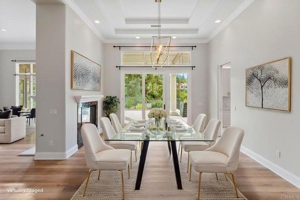 Dining room, Fireplace, Interior, Pendant Lights, Recessed Lighting, Wood Texture Flooring