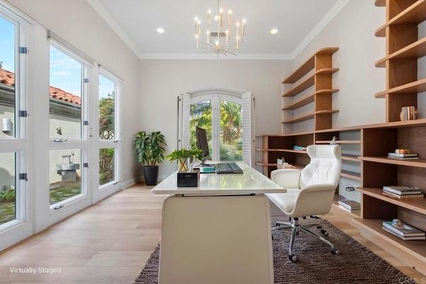 Chandelier, Home Office, Interior, Pendant Lights, Recessed Lighting, Wood Texture Flooring