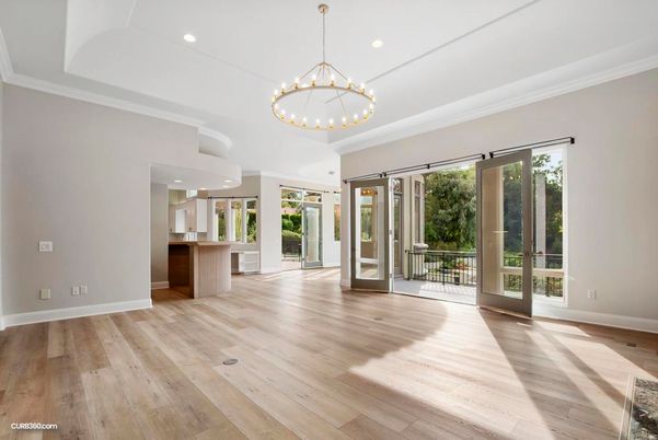 Empty room, Interior, Pendant Lights, Recessed Lighting, Wood Texture Flooring