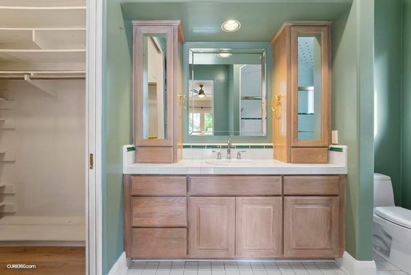 Bathroom, Interior, Recessed Lighting, Tile Countertops, Wood Texture Flooring