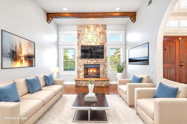 Fireplace, Interior, Living room, Recessed Lighting, Stone Walls, Wood Texture Flooring