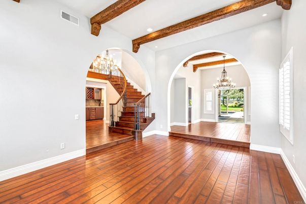 Chandelier, Empty room, Interior, Recessed Lighting, Wooden Beams, Wood Texture Flooring