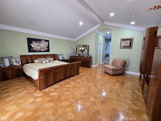 Bedroom, Interior, Recessed Lighting, Wood Texture Flooring