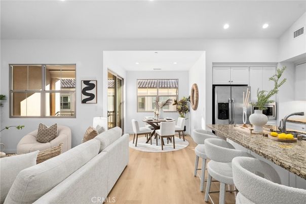 Dining room, Interior, Kitchen, Living room, Recessed Lighting, Stainless Steel Appliances, Wood Texture Flooring