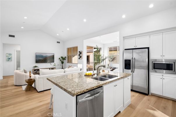 Interior, Kitchen, Living room, Recessed Lighting, Stainless Steel Appliances, Wood Texture Flooring