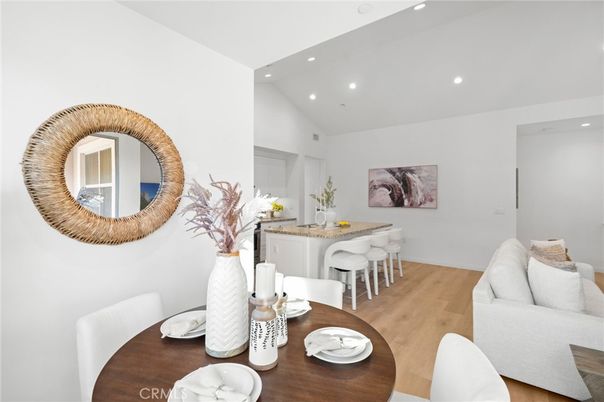 Dining room, Interior, Living room, Recessed Lighting, Wood Texture Flooring