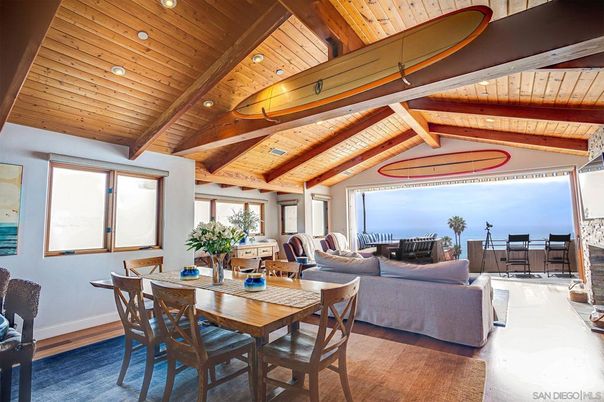 Dining room, Interior, Living room, Recessed Lighting, Water, Wooden Beams, Wooden Ceilings, Wood Texture Flooring