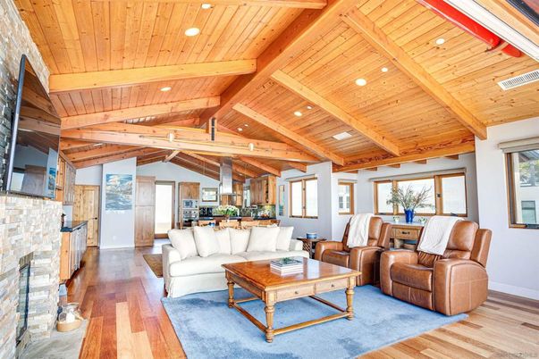 Fireplace, Interior, Living room, Recessed Lighting, Stone Walls, Wooden Beams, Wooden Ceilings, Wood Texture Flooring