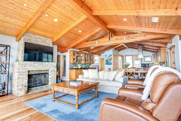 Dining room, Fireplace, Interior, Kitchen, Living room, Pendant Lights, Recessed Lighting, Stone Walls, Wooden Beams, Wooden Ceilings, Wood Texture Flooring