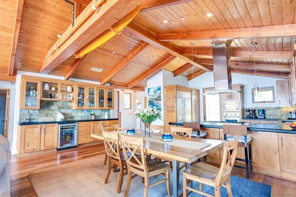Dining room, Interior, Kitchen, Pendant Lights, Recessed Lighting, Wooden Beams, Wooden Ceilings, Wood Texture Flooring